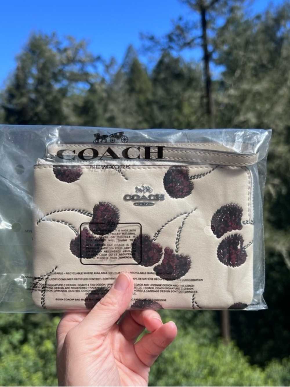 COACH Corner Zip White Leather
Wristlet With Cherry Print & Silver Hardware NWT